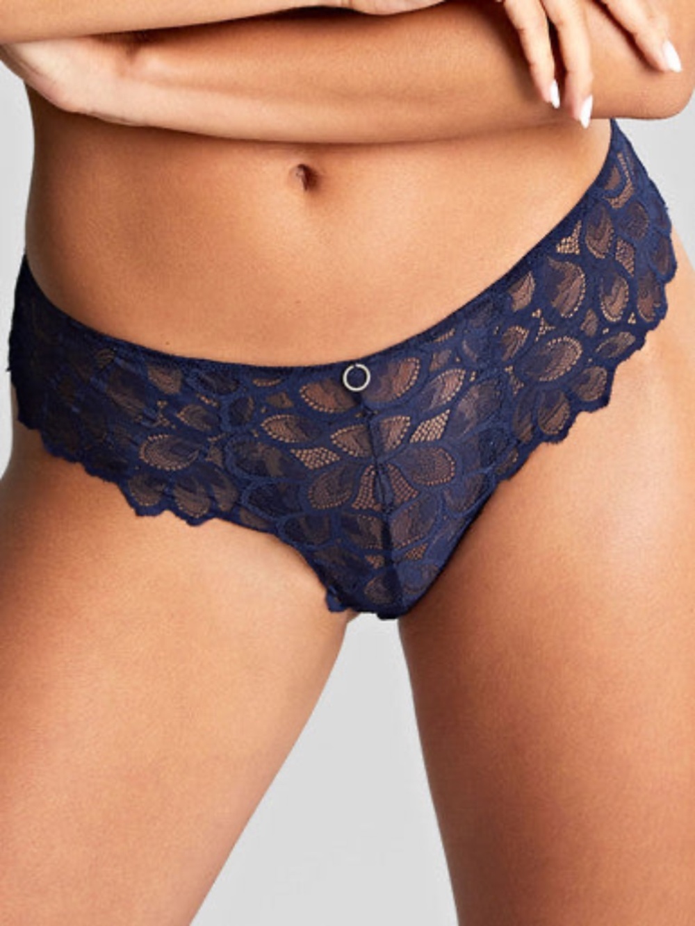 NEW Panache Allure Lace Brazilian Cheeky Brief Panty 10762 Navy with Gold Ring
